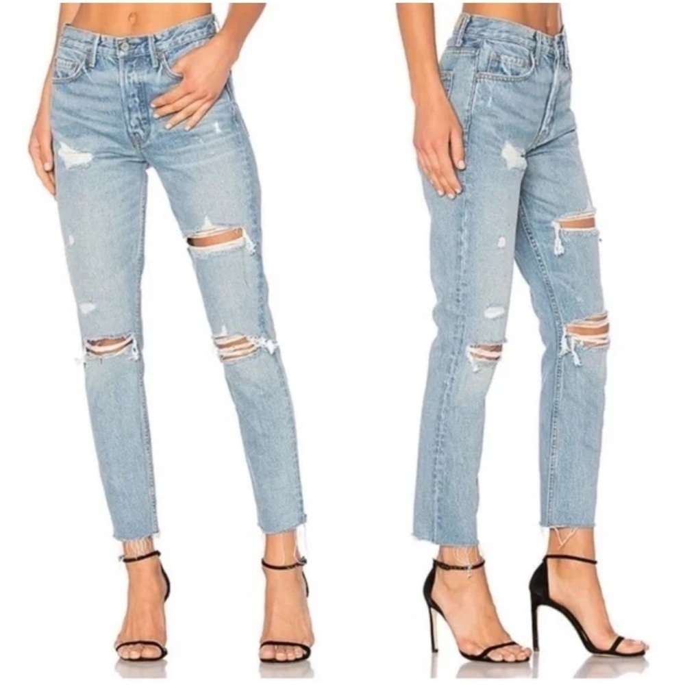 GRLFRND Karolina Distressed High Rise 90s Straight Leg Jeans Light Wash
